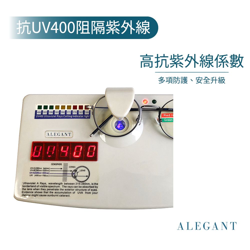 抗400阻隔紫外線高抗紫外線係數多項防護、安全升級400 395 390 385 380  370 365 360UV400 Ultraviolet Rays Cutting Indicator lightRed liGreenALEGANTbelow)UVA320)UR (400nm-)CORNEALENSUltraviolet A Rays, wavelength between 315-380nm, is theborderland of visible spectrum The rays can be absorbed bythe lens when they penetrate the exterior structure of eyes.Evidence shows that the accumulation of UVA from your might cause sunburnt cataract.ALEGANT