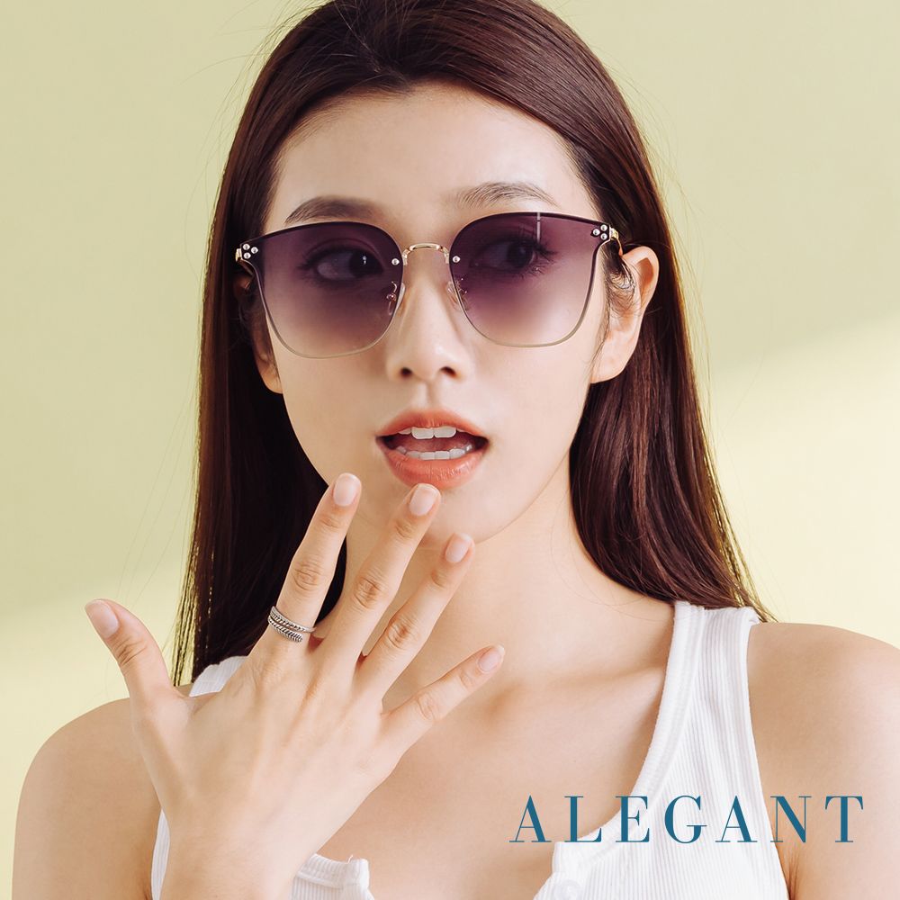 ALEGANT 韓式浪漫星漾黎霜灰漸層貓眼鑲嵌波圓裝飾金框墨鏡/UV400太陽眼鏡