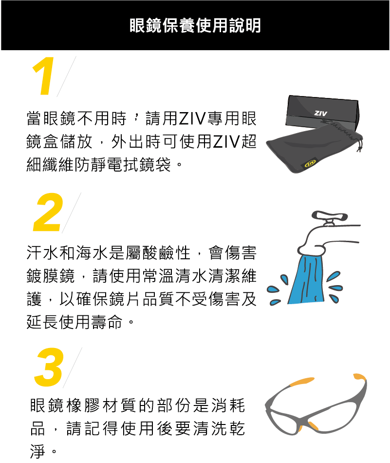 1眼鏡保養使用說明當眼鏡不用時,請用專用眼鏡盒儲放,外出時可使用ZIV超細纖維防靜電拭鏡袋。2汗水和海水是屬酸鹼性,會傷害鍍膜鏡,請使用常溫清水清潔維護,以確保鏡片品質不受傷害及延長使用壽命。3眼鏡橡膠材質的部份是消耗品,請記得使用後要清洗乾淨。ZIV