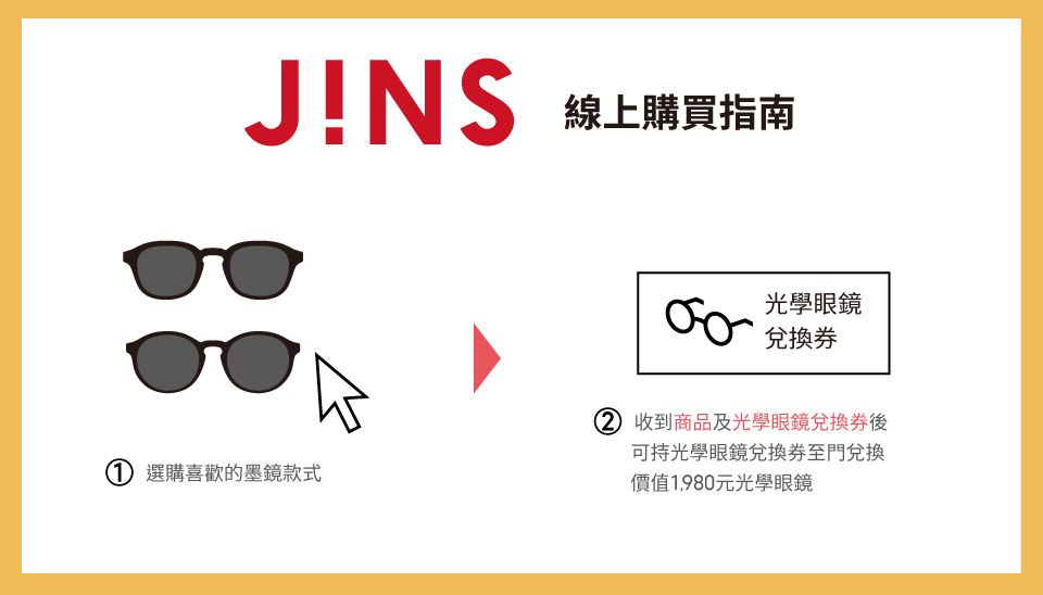 JNS線上購買指南光學眼鏡兌換券 選購喜歡的墨鏡款式 收到商品及光學眼鏡兌換券後可持光學眼鏡兌換券至門兌換價值1,980元光學眼鏡