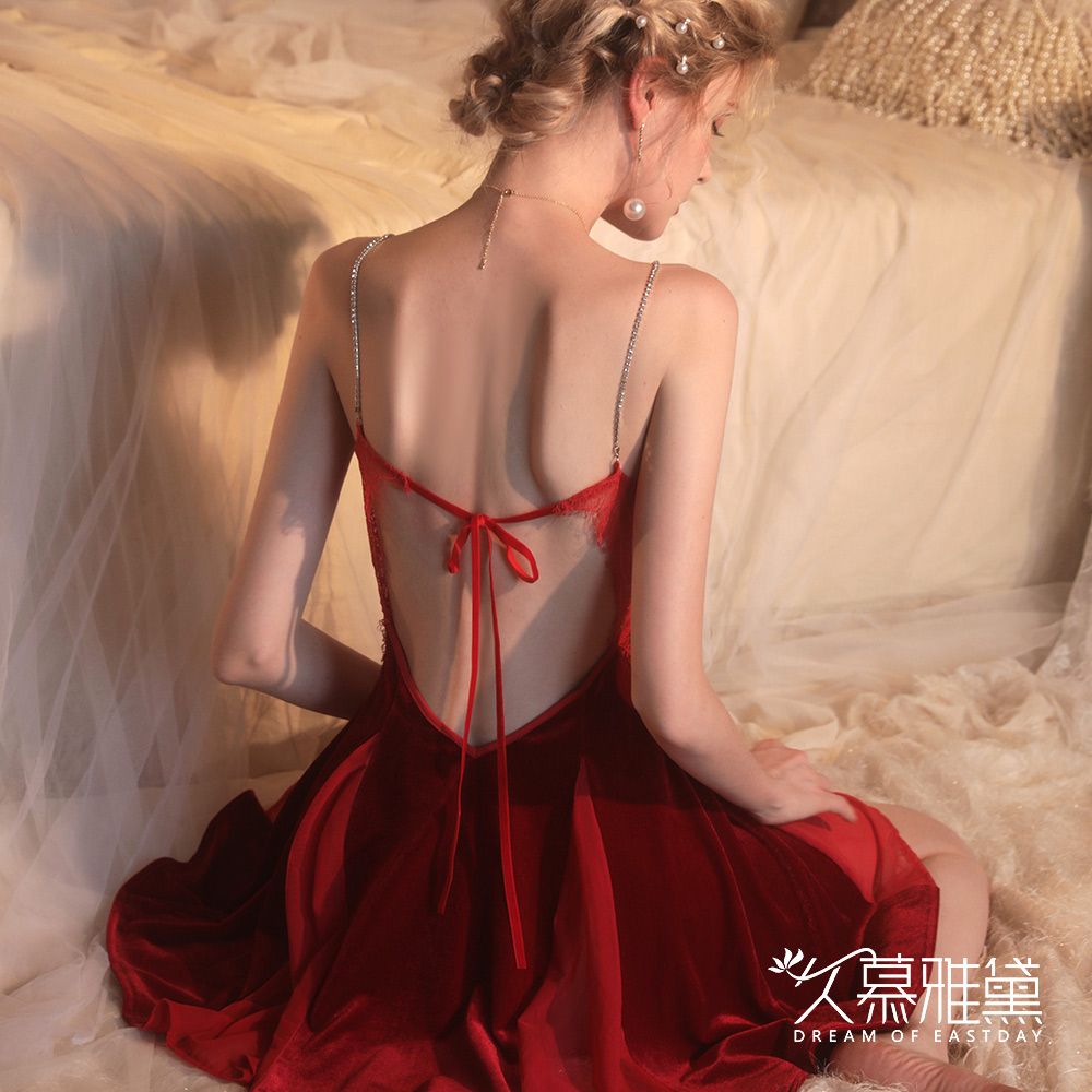 久慕雅黛 被窩的秘密 閃耀鑽鏈法式浪漫絲絨睡衣組紅色