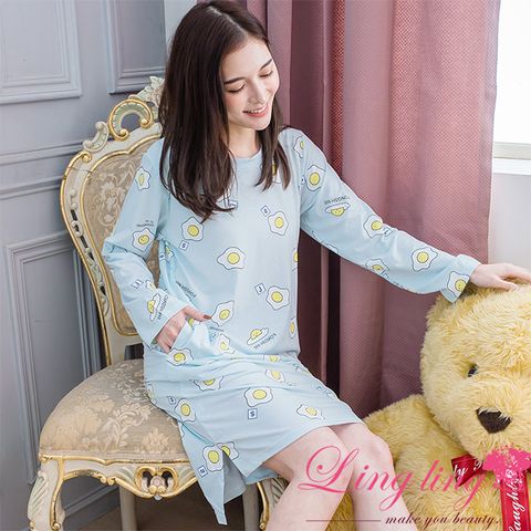 LINGLING A4317 全尺碼-荷包蛋裙襬小開衩長袖連身裙睡衣(輕透淺藍)