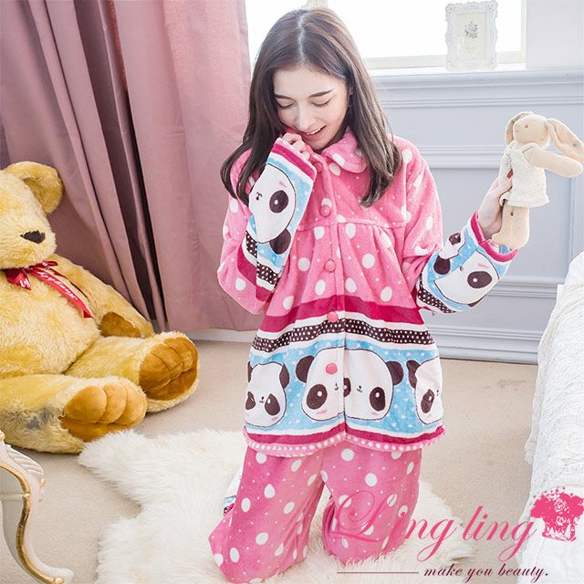 LINGLING A4324 全尺碼-點點熊貓全開釦水貂絨長袖睡衣+長褲(二件式睡衣組)(童趣玫紅)