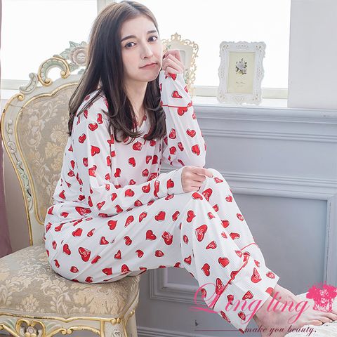 lingling A4339全尺碼-甜美幻想V領坑直條紋愛心長袖睡衣+長褲(二件式睡衣組)(甜美白)