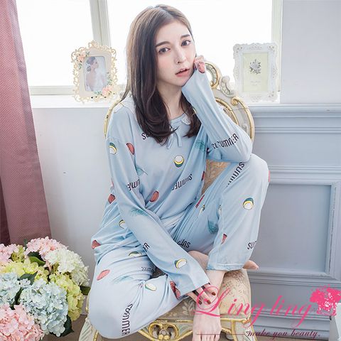 LINGLING A4346 全尺碼-圓領蝶結水果葉子牛奶絲長袖睡衣+長褲(二件式睡衣組)(日系藍)