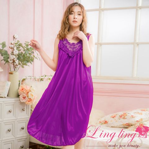 LINGLING A2838-17 全尺碼-冰絲雕花蕾絲背心連身裙睡衣(迷人深紫)