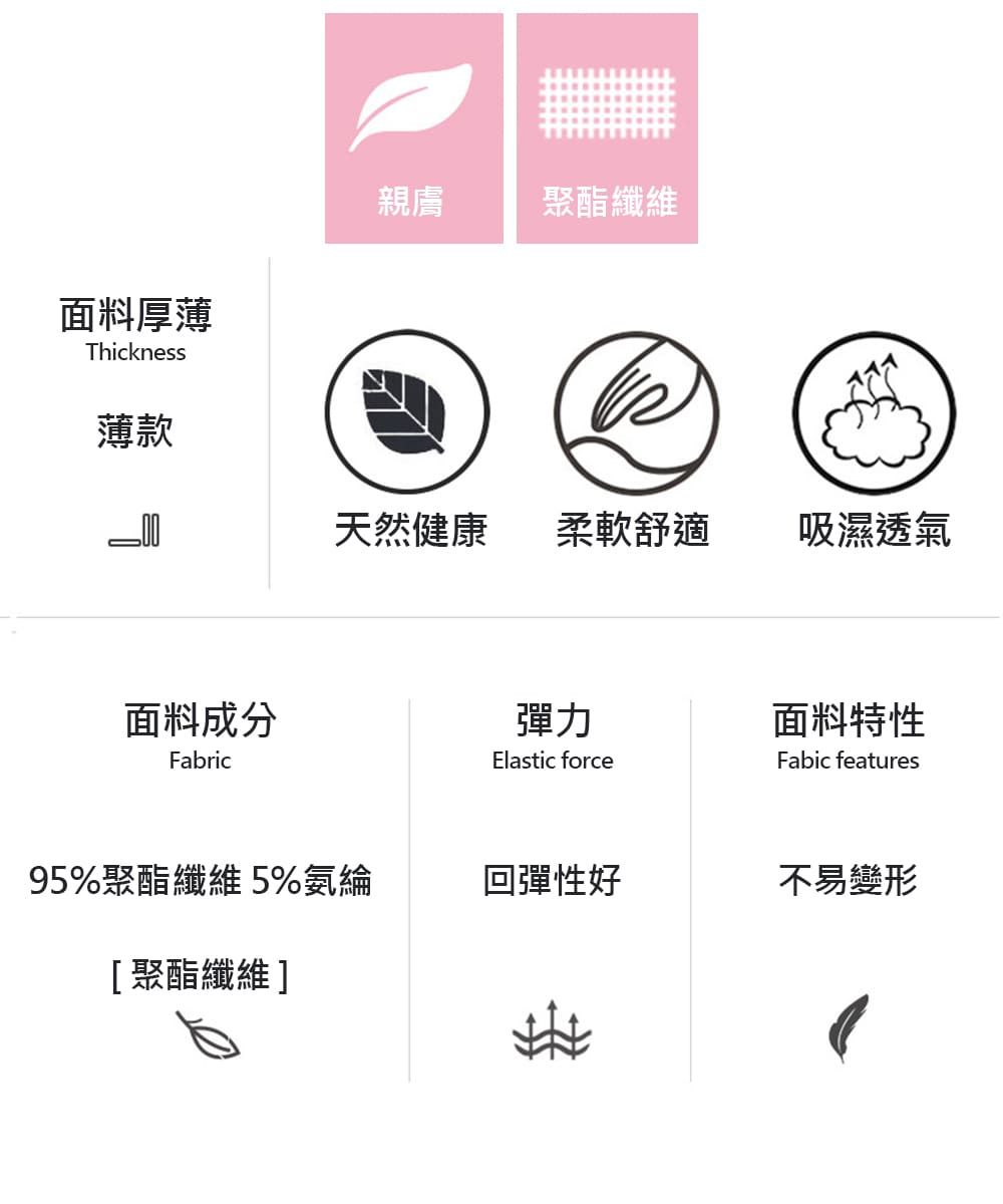 面料厚薄Thickness薄款親膚聚酯纖維天然健康柔軟舒適吸濕透氣面料成分彈力FabricElastic force面料特性Fabic features95%聚酯纖維 5%氨綸回彈性好不易變形[聚酯纖維]