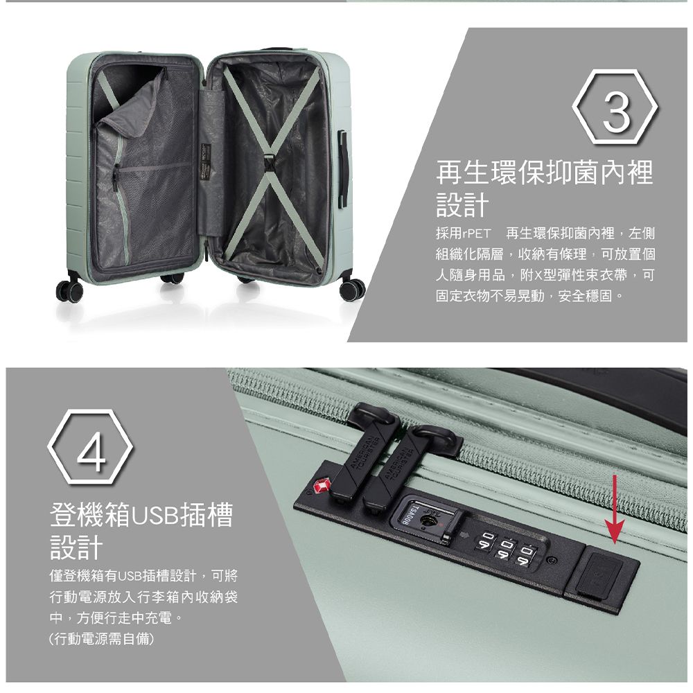 4登機箱USB插槽設計僅登機箱有USB插槽設計,可將行動電源放入行李箱收納袋中,方便行走中充電。(行動電源需自備)3再生環保抑菌裡設計採用rPET 再生環保抑菌裡,左側組織化隔層,收納有條理,可放置個人隨身用品,附X型彈性帶,可固定衣物不易晃動,安全穩固。