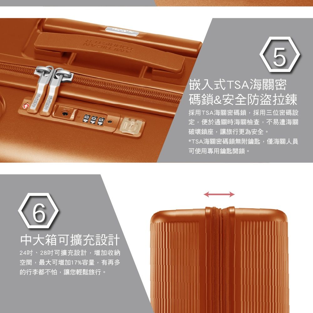 5嵌入式TSA海關密碼鎖&安全防盜拉鍊採用TSA海關密碼鎖,採用三位密碼設定,便於通關時海關檢查,不易遭海關破壞鎖座,讓旅行更為安全。*TSA海關密碼鎖無附鑰匙,僅海關人員可使用專用鑰匙開鎖。6中大箱可擴充設計24吋、28吋可擴充設計,增加收納空間,最大可增加17%容量,有再多的行李都不怕,讓您輕鬆旅行。