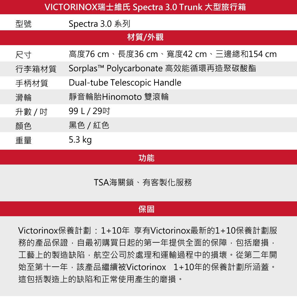 型號尺寸VICTORINOX瑞士維氏 Spectra 3.0 Trunk 大型旅行箱行李箱材質手柄材質Spectra 3.0 系列材質/外觀高度76 cm、長度36cm、寬度42cm、三邊總和154 cmSorplast Polycarbonate 高效能循環再造聚碳酸酯Dual-tube Telescopic Handle滑輪靜音輪胎Hinomoto 雙滾輪升數/99 L/ 29吋顏色黑色/紅色重量5.3 kg功能TSA海關鎖、有客製化服務保固Victorinox保養計劃:1+10年享有Victorinox最新的1+10保養計劃服務的產品保證自最初購買日起的第一年提供全面的保障,包括磨損,工藝上的製造缺陷,航空公司於處理和運輸過程中的損壞。從第二年開始至第十一年,該產品繼續被Victorinox 1+10年的保養計劃所涵蓋。這包括製造上的缺陷和正常使用產生的磨損。