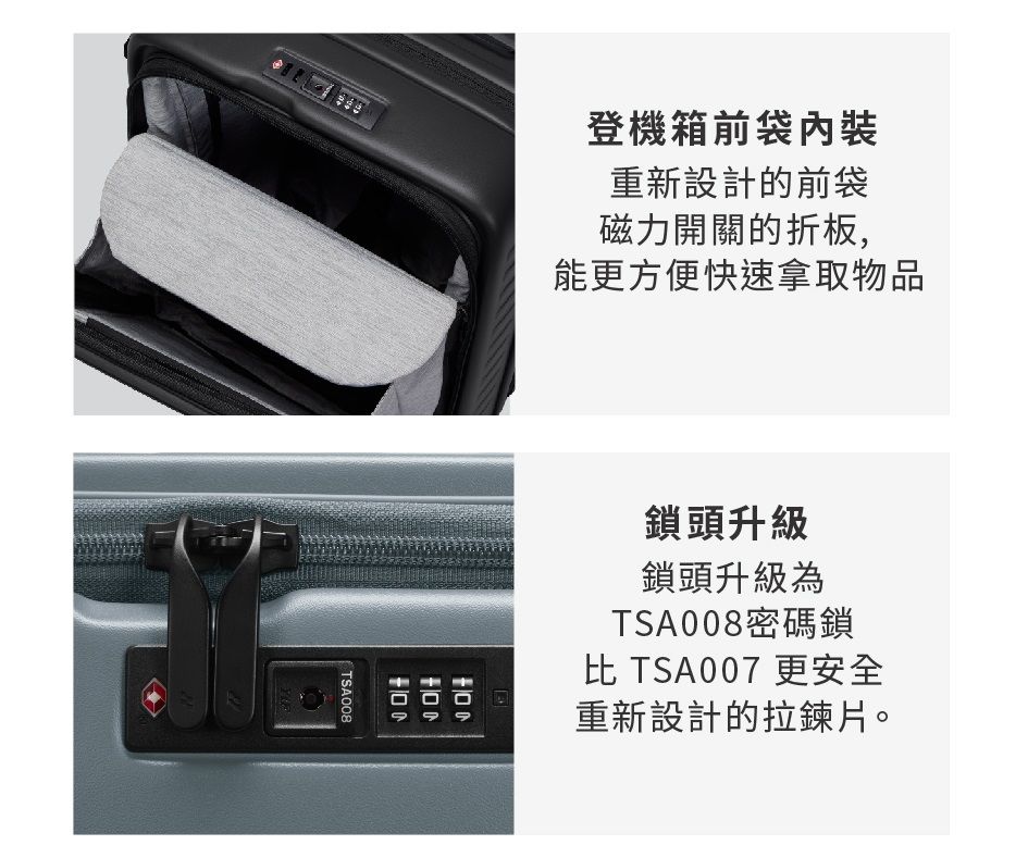 登機箱前袋內重新設計的前袋磁力開關的折板,能更方便快速拿取物品TSA080鎖頭升級鎖頭升級為TSA008密碼鎖 TSA007 更安全重新設計的拉鍊片。