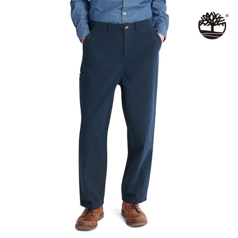 Timberland 男款深藍色有機棉斜紋寬鬆長褲|A5XE5433