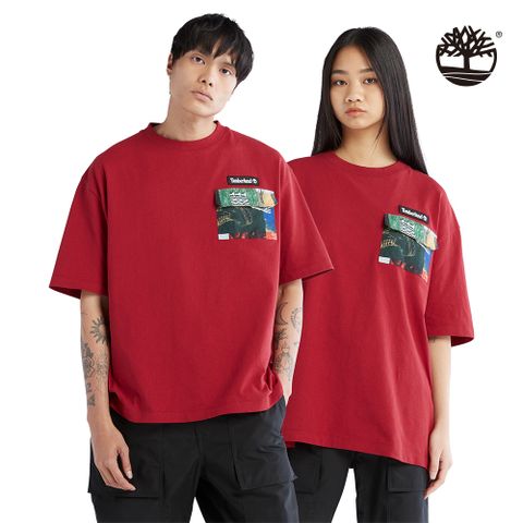 Timberland 中性宮牆紅新年限定款有機棉印花口袋短袖T恤|A6B5P620