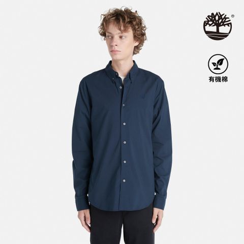 Timberland 男款深寶石藍有機棉府綢修身長袖襯衫|A2ERT433