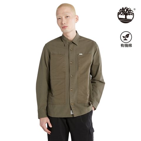 Timberland 男款軍綠色有機棉寬鬆混合材質口袋襯衫外套|A5Y9NA58