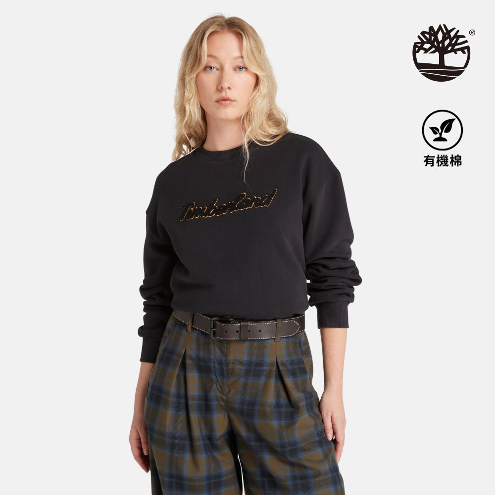 Timberland  女款黑色寬版LOGO長袖套頭上衣|A6HV5001