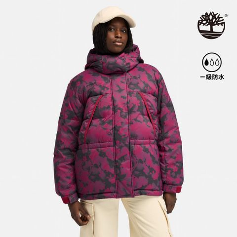 Timberland 女款紅色印花防潑水印花款再生羽絨外套|A5ZBFEFY