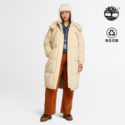 Timberland 女款象牙色防潑水再生羽絨長版大衣｜A5ZC3EFL