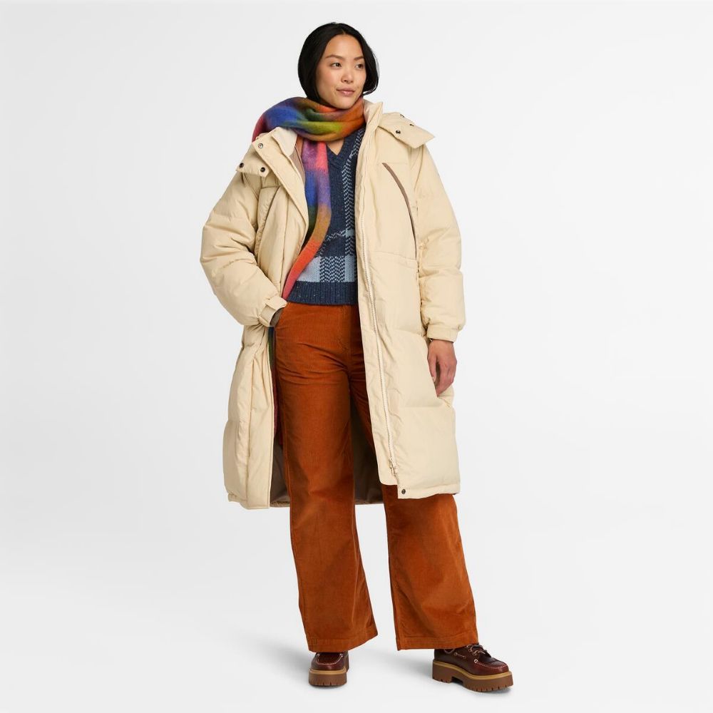 Timberland 女款象牙色防潑水再生羽絨長版大衣｜A5ZC3EFL