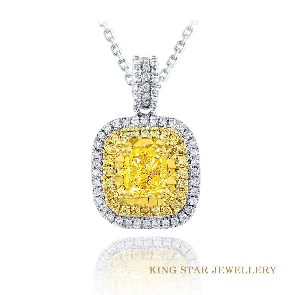 King Star 30分 18K金 天然黃彩鑽石項鍊 靚麗鑽墜(枕型車花放大款)