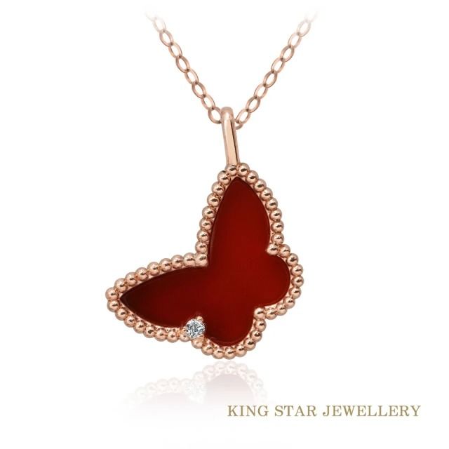 King Star 18K玫瑰金 天然鑽石項鍊x瑪瑙 蝴蝶鑽墜