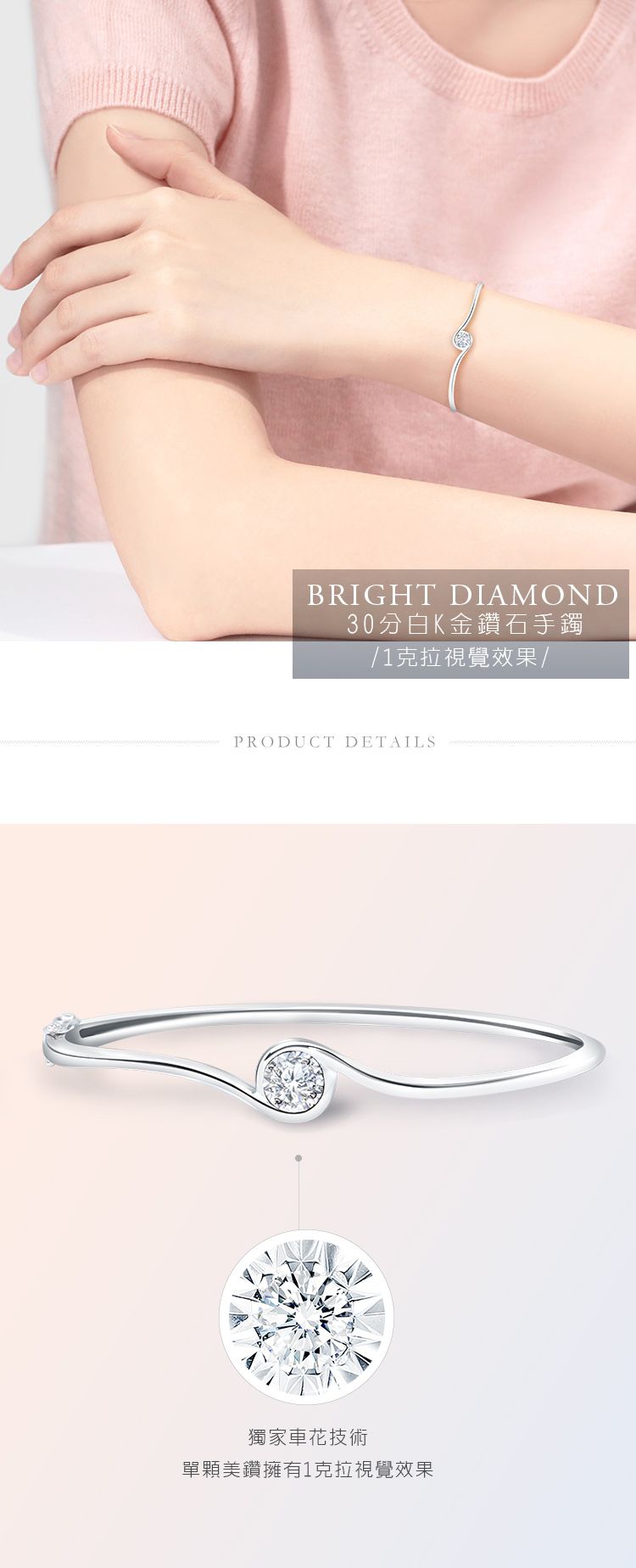 BRIGHT DIAMOND30分白K金鑽石手鐲/1克拉視覺效果/PRODUCT DETAILS獨家車技術單美鑽擁有1克拉視覺效果