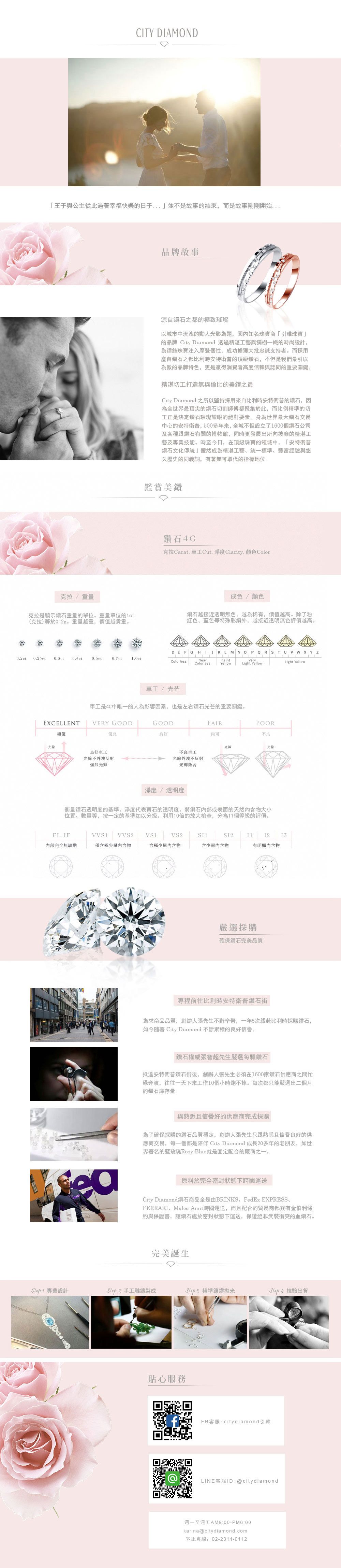 CITY DIAMOND「王子與公主從此過著幸福快樂的日子」並不是故事的結束,而是故事剛剛開始克拉/重量克拉是顯示鑽石重量的單位。重量單位的(克拉)等於02g。重量越重,價值越貴重。牌故事源自鑽石之都的極致璀璨以城市中流洩的動人光影為題,國內知名珠寶商「引雅珠寶」的品牌 City Diamond 透過精湛工藝與獨樹一幟的時尚設計,為鑽飾珠寶注入摩登個性,成功擄獲大批忠誠支持者。而採用產自鑽石之都比利時安特衛普的頂級鑽石,不但是我們最引以為傲的品牌特色,更是贏得消費者高度信賴與認同的重要關鍵。精湛切工打造無與倫比的美鑽之最City Diamond之所以堅持採用來自比利時安特衛普的鑽石,因為全世界最頂尖的鑽石切割師傅都聚集於此,而比例精準的切工正是決定鑽石璀璨耀眼的絕對要素。身為世界最大鑽石交易中心的安特衛普,5多年來,全城不但設立了16個鑽石公司及各種跟鑽石有關的博物館,同時更發展出所向披靡的精湛工藝及專業技能。時至今日,在頂級珠寶的領域中,「安特衛普鑽石文化傳統」儼然成為精湛工藝統一標準、豐富經驗與悠久歷史的同義詞,有著無可取代的指標地位。鑑賞美鑽鑽石4C克拉Carat. 車工Cut. 淨度Clarity. 顏色Color成色/顏色鑽石越接近透明無色,越為稀有,價值越高。除了粉紅色、藍色等特殊彩外,越接近透明無色評價越高。DEFGHIJKLMNOPQRSTU V W X Y Z0.2ct0.25ct 0.3ct.0.7ctNearFaintVeryLight YellowYellowLight Yellow車工/光芒車工是4C中唯一的人為影響因素,也是左右鑽石光芒的重要關鍵。EXCELLENT VERY GOODGOOD良好FAIR尚可極優優良光線良好車工光線不外洩反射強烈光輝不良車工光線外洩不反射光輝微弱淨度/透明度POOR不良光光衡量鑽石透明度的基準。淨度代表寶石的透明度。將鑽石內部或表面的天然物大小位置、數量等,按一定的基準加以分級。利用10倍的放大檢查,分為11個等級的評價。FLIFVVS2VS21113內部完全無缺點僅含極少量內含物含極少量內含物含少量內含物有明顯內含物嚴選採購確保鑽石完美品質專程前往比利時安特衛普鑽石街為求商品品質,創辦人張先生不辭辛勞,一年5次親赴比利時採購鑽石,如今隨著 City Diamond 不斷累積的良好信譽。鑽石權威張智超先生嚴選每顆鑽石抵達安特衛普鑽石街後,創辦人張先生必須在1600家鑽石供應商之間忙碌奔波,往往一天下來工作10個小時跑不掉。每次都只能嚴選出二個月的鑽石庫存量。ea品 252與熟悉且信譽好的供應商完成採購為了確保採購的鑽石品質穩定,創辦人張先生只跟熟悉且信譽良好的供應商交易,每一個都是陪伴 City Diamond成長20多年的老朋友,如世界著名的藍玫瑰Rosy Blue就是固定配合的廠商之一。原料於完全密封狀態下跨國運送City Diamond鑽石商品全是由BRINKS、FedEx EXPRESS、FERRARI、Malca-Amit跨國運送,而且配合的貿易商都簽有金伯利條約與保證書,讓鑽石處於密封狀態下運送,保證絕非武裝衝突的血鑽石。完美誕生Step1 專業設計Step 2 手工雕製成Step3 精準鑲鑽拋光Step 4 檢驗出貨貼心服務FB客服citydiamond 引雅LINE客服ID@citydiamond週一至週五AM9:00-:00karina@citydiamond.com客服專線:02-2314-0112