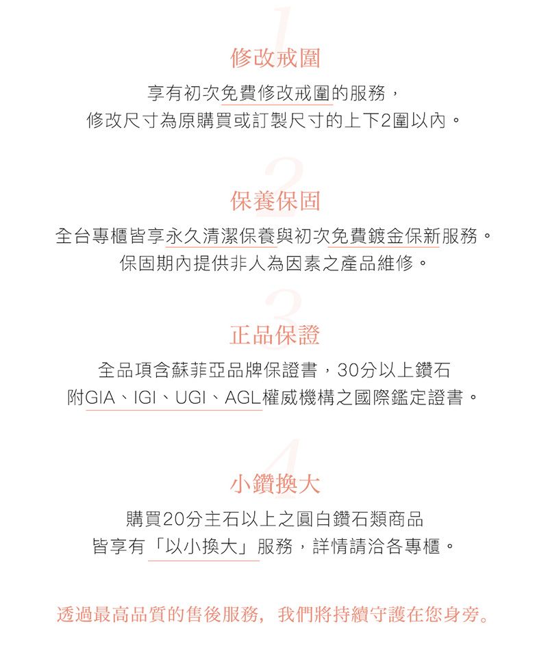 修改戒圍享有初次免費修改戒圍的服務,修改尺寸為原購買或訂製尺寸的上下2圍以內。保養保固全台專櫃皆享永久清潔保養與初次免費鍍金保新服務。保固期內提供非人為因素之產品維修。正品保證全品項含蘇菲亞品牌保證書,30分以上鑽石附GIA、IGI、UGI、AGL權威機構之國際鑑定證書。小鑽換大購買20分主石以上之圓白鑽石類商品皆享有「以小換大」服務,詳情請洽各專櫃。透過最高品質的售後服務,我們將持續守護在您身旁。