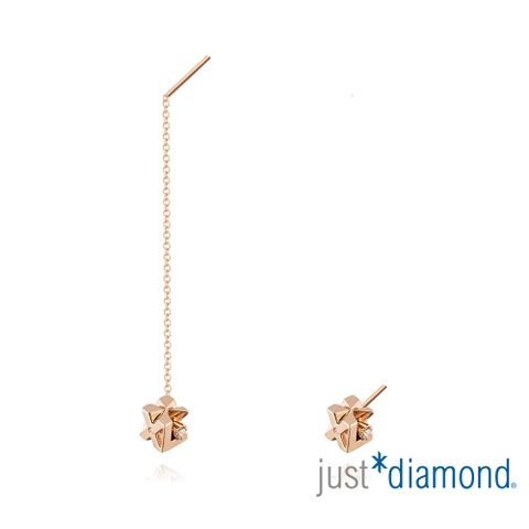 【Just Diamond】18K玫瑰金 立方單鑽 不對稱 鑽石耳環