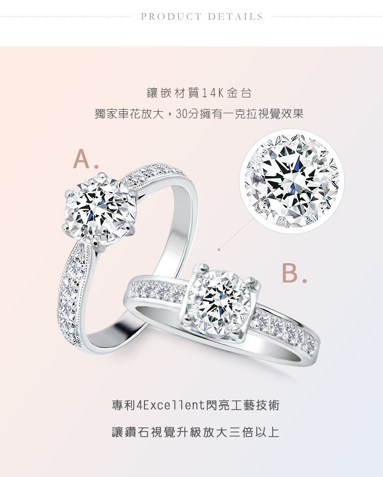 PRODUCT DETAILS鑲嵌材質14K金台獨家車花放大,30分擁有一克拉視覺效果A.B.專利閃亮工藝技術讓鑽石視覺升級放大三倍以上