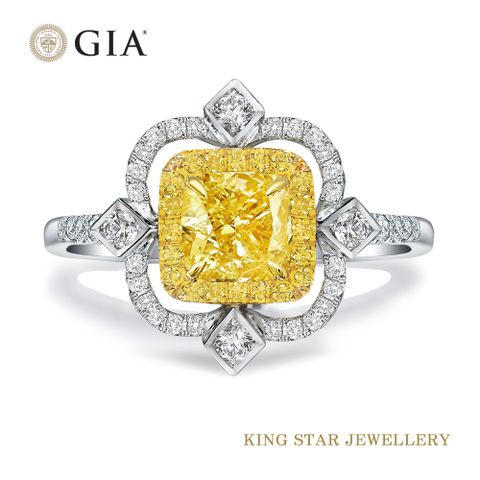 King Star GIA 一克拉 18K金 黃彩鑽歐式造型戒指 (Fancy Yellow /枕型花式車工)
