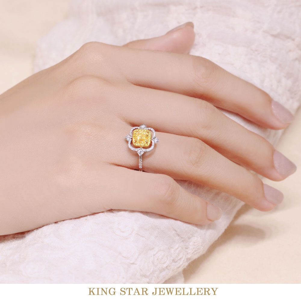 King Star  GIA 一克拉 18K金 黃彩鑽歐式造型戒指 (Fancy Yellow /枕型花式車工)