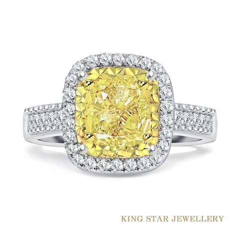 King Star 一克拉 18K 黃彩鑽石戒指 豪華滿鑽 枕型(視覺效果超越3克拉)