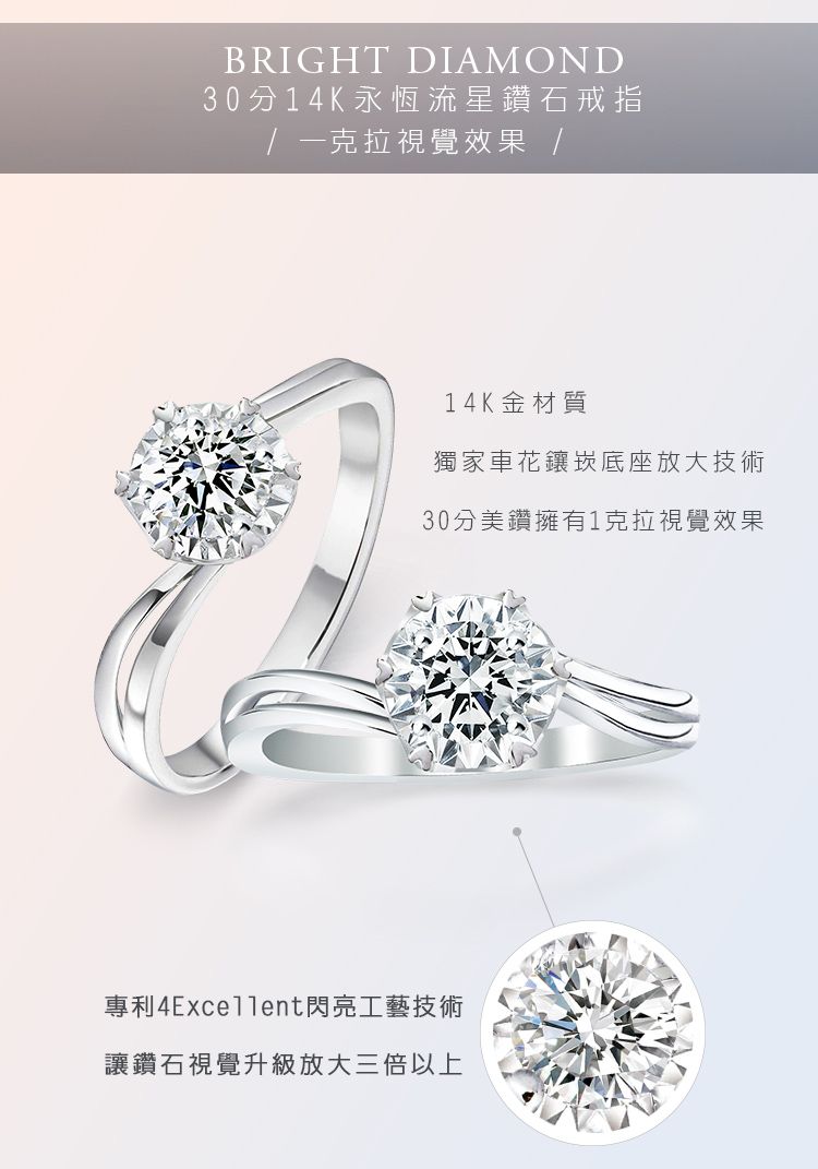 BRIGHT DIAMOND30分14K永恆流星鑽石戒指克拉視覺效果 /14K金材質獨家車花鑲崁底座放大技術30分美鑽擁有1克拉視覺效果專利閃亮工藝技術讓鑽石視覺升級放大三倍以上