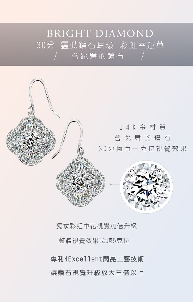 BRIGHT DIAMOND30分 靈動鑽石耳環 彩虹幸運草會跳舞的鑽石14K金材質會跳舞的鑽石30分擁有一克拉視覺效果獨家彩虹車花視覺加倍升級整體視覺效果超越5克拉專利閃亮工藝技術讓鑽石視覺升級放大三倍以上