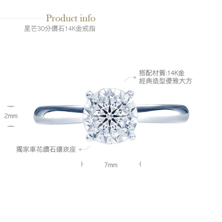 2mmProduct info星芒30分鑽石14K金戒指獨家車花鑽石鑲崁座7mm搭配材質:14K金經典造型優雅大方
