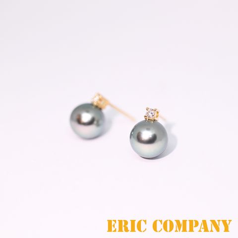 EM【eileen me】日本進口9mm 黑真珠單顆鑲鑽耳環 18K金耳針