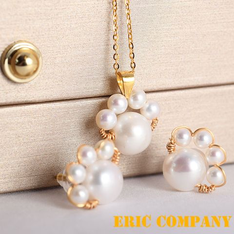 EM【eileen me】貓爪肉球造型 天然淡水珍珠 項鍊+耳環