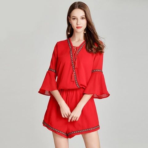 《D'Fina 時尚女裝》 大碼波西米亞熱裙寬鬆約簡V領紅色雪紡連身褲