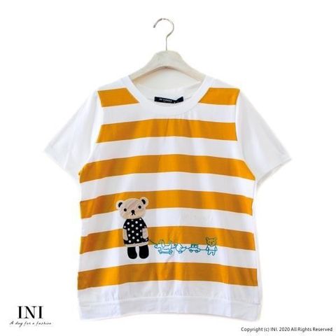 【南紡購物中心】 【INI】注目條紋、小熊拼布可愛好感上衣．黃色