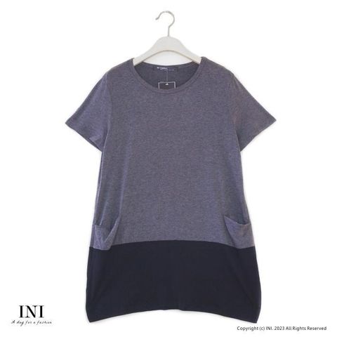 【INI】休閒穿搭、撞色長版棉質上衣．灰色