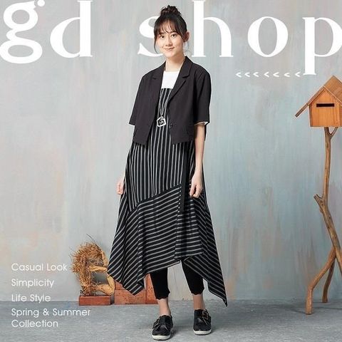 【南紡購物中心】 【gd shop】不對稱拼接背心條紋洋裝 1314003