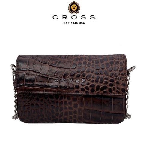 【CROSS】限量1折 經典NAPPA小牛皮鱷魚紋鈕扣側背包(咖啡色,全新專櫃展示品)