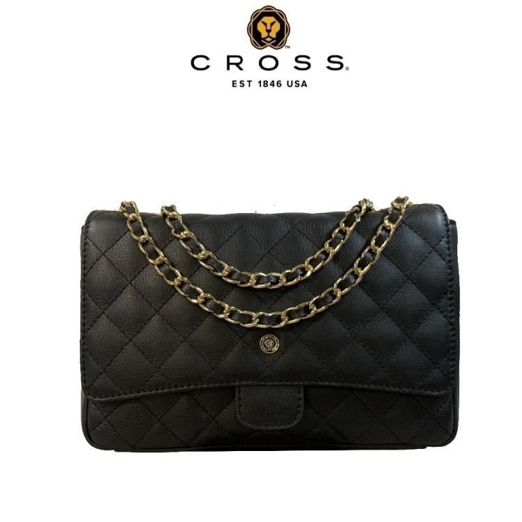 CROSS 高仕 限量1折 頂級小牛皮菱格紋金鍊手提肩背包 全新專櫃展示品(黑色)