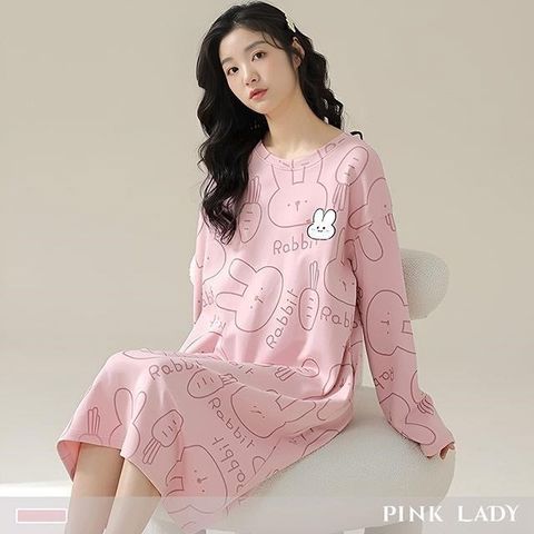 pink lady 棉柔連身睡裙 兔兔派對 印花圓領 長袖女睡衣居家服7603