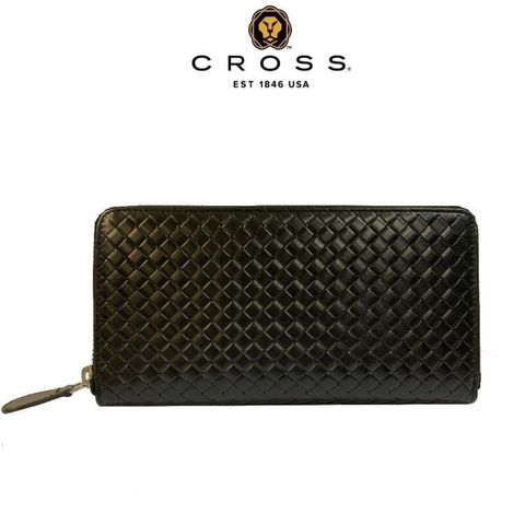 【CROSS】限量1.5折 頂級NAPPA小牛皮編織紋拉鍊長夾(黑色 全新專櫃展示品)