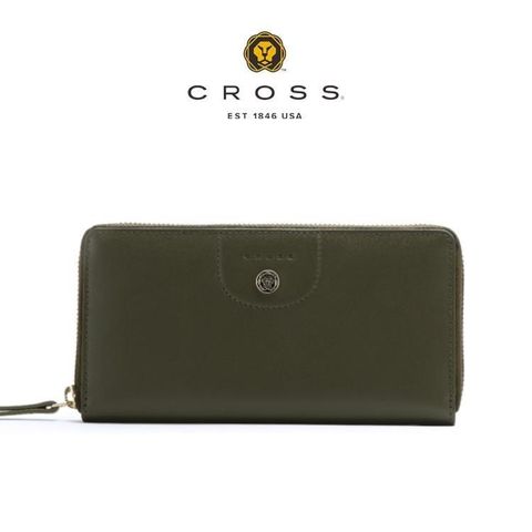 【CROSS】限量1折 頂級義大利小牛皮拉鍊長夾 安娜系列 全新專櫃展示品(墨綠色)