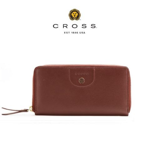 【CROSS】限量1折 頂級義大利小牛皮拉鍊長夾 安娜系列 全新專櫃展示品(磚紅色)