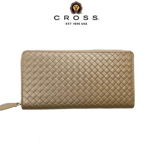 CROSS 限量1折 頂級小牛皮編織紋拉鍊長夾 海倫系列 全新專櫃展示品(金屬金)
