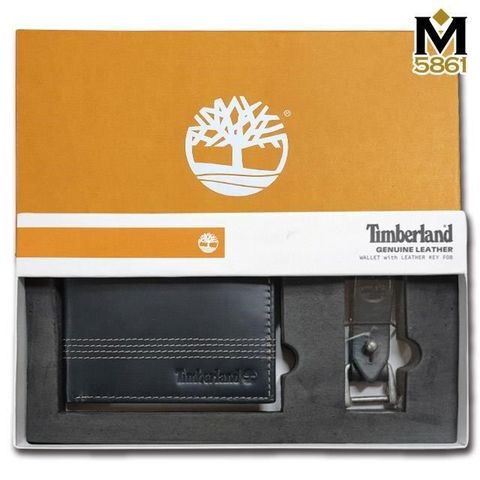 Timberland 【南紡購物中心】 男皮夾 短夾 簡式卡夾+鑰匙圈套組 品牌盒裝+原廠提袋黑色